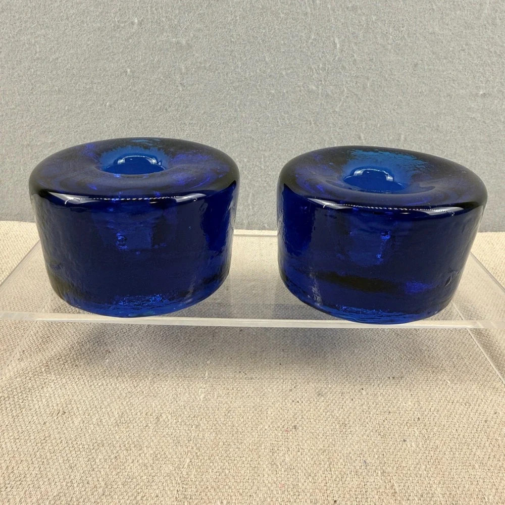Blenko‎ 990A Cobalt Blue Pucks Glass Candle Holders Don Shepherd